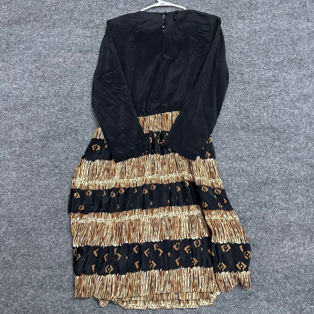 Serbin Dress Womens Size 14P Black Brown Geometric Fringe Print Pleated Vintage